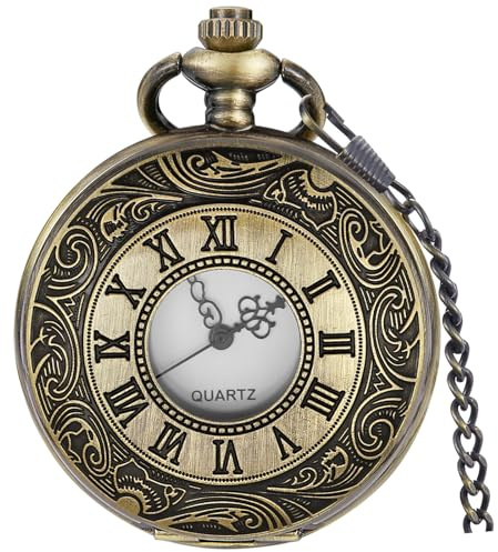 Tiong Pocket Watch Hollow Blue Star Design Roman Numerals Pocket Quartz Watches with Chain Christmas Birthday Gifts for Men Women