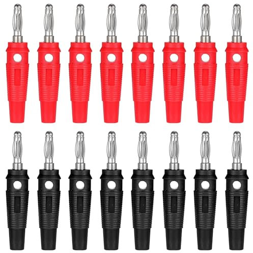 HJZHII Lot de 16 fiches bananes de 4 mm - Fiche banane pour haut-parleur - Fiche de haut-parleur - Pour câbles, boîtes, amplificateurs, récepteurs AV, chaînes stéréo HiFi (8 rouges, 8 noires)