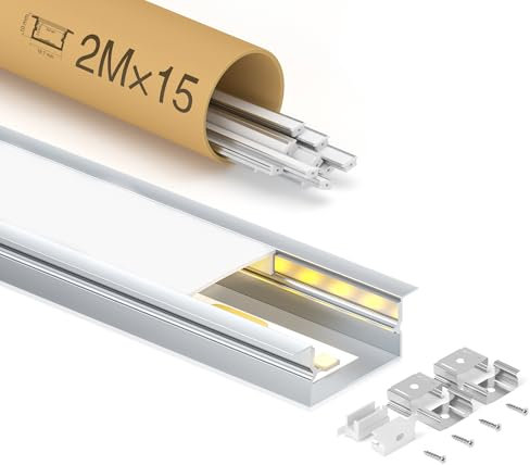 GEEKLUX 15 x Profilé LED Encastrable 2 m (30 m), Profilés en Aluminium en U pour Ruban led jusqu'à 15 mm, 26,7 x 10 mm, Rail Led avec Diffuseur LED en PC, Idéal pour Plafond et Installation Encastrée