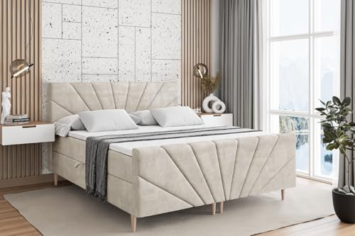 ALTDECOR Boxspringbett mit Holz Füßen, Matratze und Lattenrost, Topper, Fußteil, Polsterbett mit Bettkasten, Bett mit Stauraum H3-Matratze, Doppelbett - MILTIO-FD-Z - 180x200 - Beige Monolith