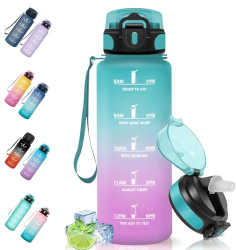 Motswedi Gourde Sport, 1500 ml Anti-Fuite, Gourde Paille, Sans BPA, Gourde avec Paille, Réutilisable, Gourde, Facile à Transporter, Bouteille d'eau pour Cyclisme, Fitness, Yoga, Camping, Vert Rose