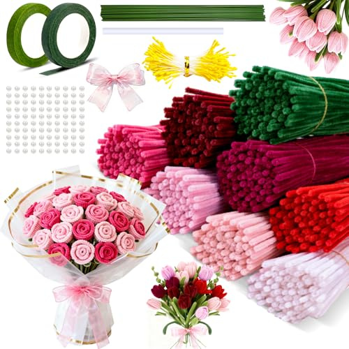 Qhpbuy Tulpe Pfeifenreiniger Blumen Set, 500 Stück Pfeifenputzer zum Basteln, 8 Farben Chenilledraht, DIY Pipe Cleaner Flower Kit Geschenk für Valentinstag Muttertag Weihnachtliche Dekorationen
