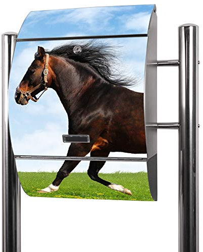 banjado® Standbriefkasten Edelstahl mit Zeitungsfach Motiv Pferd / Briefkasten mit Standfuß / Edelstahl Briefkasten freistehend - A4 Einwurf inkl. 2 Schlüssel