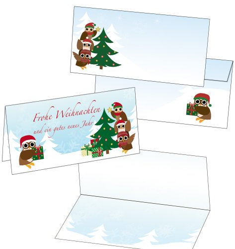 5 Klappkarten Weihnachtskarte Eulen am Weihnachtsbaum mit Umschlag Format DIN lang 2003