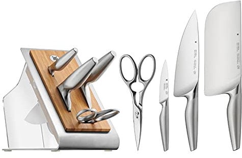 WMF Chef's Edition Messerblock mit Messerset 5teilig, Made in Germany, 3 Messer geschmiedet, Schere, Bambus-Block, Kunststoff, Performance Cut