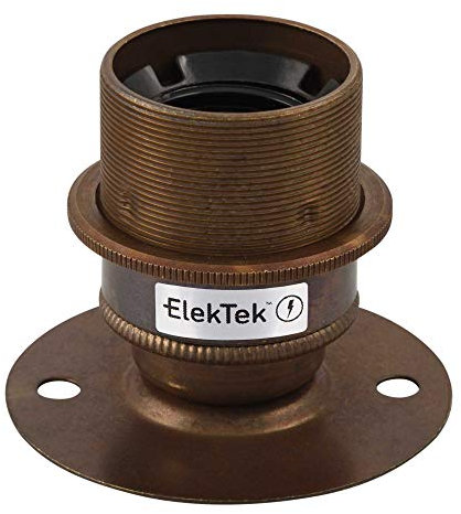 ElekTek Lampenfassung aus antikem Messing, E27-Lattenfassung mit Lampenschirmring, ES Edison-Schraube, flacher Boden, passend für BESA-Rohrdosen, 50 mm Mittelbefestigungen, hergestellt in