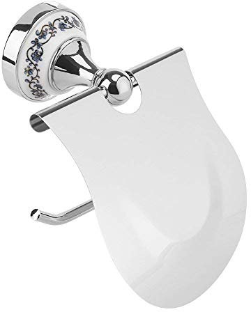 Yosoo Klassischer Badezimmer Toiletten Rollenpapier Halter mit Schallwand wasserdichtem an der Wand befestigtem blauem und weißem Porzellan Muster(Silber)