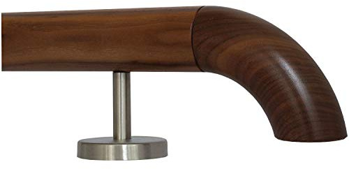 TIBU Nussbaum Geländer Handlauf Treppe Holz Griff gerade Edelstahlhalter, Länge 30-500 cm aus einem Stück/zum Beispiel Länge 100 cm mit 2 gerade Halter und Enden Holzkrümmling