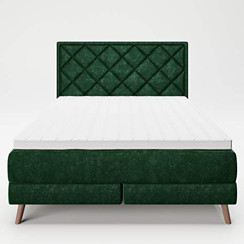 PLAYBOY Boxspringbett 140x200 aus Samtstoff mit Diamond Stitching, Kaltschaum-Topper, Härtegrad 2-3, 7-Zonen Taschenfederkernmatratze, Bonell-Federkern, Holzrahmen und Massivholzfüssen, grün/petrol