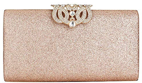 Mangetal Womens Glitter Clutch Bag Evening Party Chain Shoulder Bag Shimmer Wedding Prom Handbag Purse (Rose gold color)