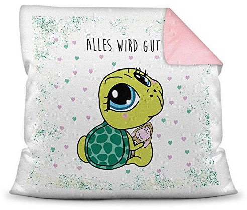 Print Royal Deko-Kissen Tiere mit liebem Spruch - Alles Wird gut - Schildkröte/Ich Liebe Dich/Geschenk für Freund, Freundin / 40x40 / Rückseite Altrosa inkl. Füllung