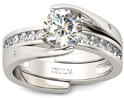 Jeulia Bypass Round Cut Sterling Silber Ring Sets Frauen Diamant Eheringe Solitaire Verlobungserklärung Ring Band Jubiläum Versprechen Ring für Sie mit Geschenkbox (68 (21.8))