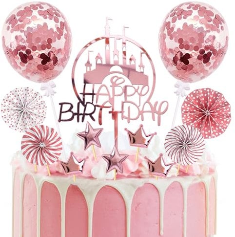 BOYATONG Tortendeko Geburtstag Rosegold, 17 Stück Glitter Cake Topper, Acryl Burg Happy Birthday Kuchendeko, Torten Deko für Mädchen Frauen Geburtstag Party