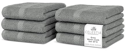 Villa Celestia Cotton Washcloths Set of 6, 12x12 Inch, 100% Ring-Spun Combed Cotton, Soft Absorbent Quick-Dry Wash Cloths for Face and Body, Oeko-TEX Certified, Hotel & Spa Quality, Grey