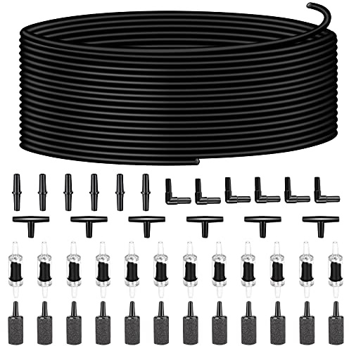 Saricho Aquarium air Pump Accessories Set-9.84/26.25/101.71 feet Aquarium Airline tubing Hose,Check valves,air Stones and connectors of I,L,T Shape (101.71feet Hose 12stone 12check Valve 18connector)