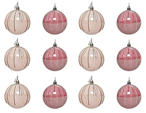 Decoris Weihnachtskugeln Kunststoff 10cm x 12 Stück bruchsicher Glitzer Streifen Muster durchsichtig rosa
