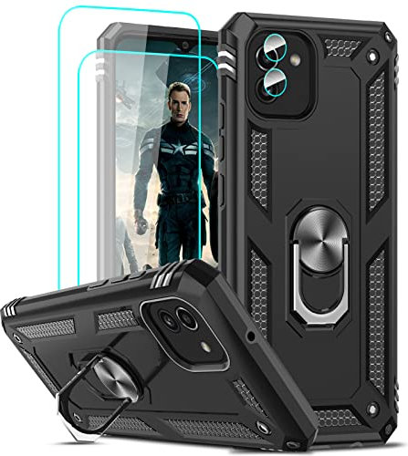 LeYi Hülle für Samsung Galaxy A03 Ständer Handyhülle mit 2*Schutzglas & 2*Kamera Folie,Militär Standard Stoßfest Case Metall Ring Fallschutz Handy Hüllen Outdoor Schutzhülle Cover Jungen Schwarz