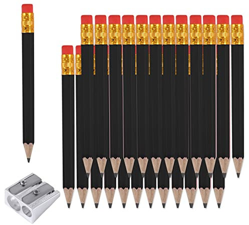 AIEX 25 halbe Bleistifte mit Radiergummi, 10 cm, Mini-HB-Golf-Bleistifte mit 1 Spitzer für Kinder, Schule, Büro, Babyparty, Hochzeit (Schwarz)