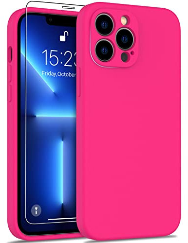 DEENAKIN iPhone 13 Pro Case with Screen Protector,Enhance Camera Protection,Soft Liquid Silicone Gel Rubber Bumper Cover,Slim Fit Shockproof Protective Phone Case for iPhone 13 Pro 6.1 Hot Pink