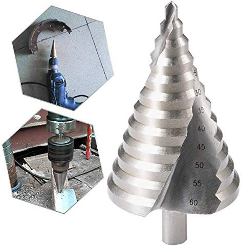 Spiral-Stufenbohrer [6–60 mm], Hochgeschwindigkeitsstahl, Titanbeschichtet, dreieckiger Rundschaft, HSS-Lochschneider-Werkzeug-Set für DIY-Kunststoff, Holz, Metall, Aluminium, Kupfer (Silber)