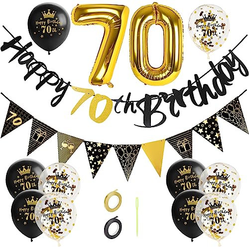 GoldRock 70 Geburtstag Deko Schwarz Gold, 70. Geburtstag Männer Frau, Deko 70 Geburtstag Mann Frau, Luftballons 70 Geburtstag, Happy Birthday Girlande,Folienballon Zahl 70, Geburtstagsdeko 70 Jahre