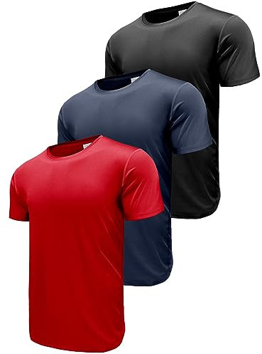 3er Pack Sport Tshirts Herren Kurzarm T-Shirts Funktionsshirt Laufshirt Schnelltrocknend Atmungsaktive Sport Shirt Fitnessshirt Trainingsshirt für Running Workout Bodybuilding Black/Navy/Red-3P15-2XL