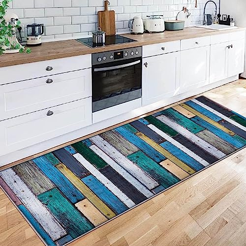 Siunwdiy Alfombra Larga para Pasillo, Cocina,60X300cm,Patrón Grano de la Madera Azul, Antideslizante, Lavable,SalóN, Dormitorio, Comedor, Cocina, Venta por Metros, Personalizable