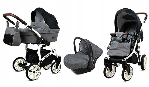 BabyLux® Kinderwagen Set 3 in 1 - Optimal - incl. Babywanne, Buggy Sportsitz, Auto-Babyschale - Autositz - Kinderwagenset - Kombikinderwagen mit Wickeltasche, Regenschutz usw.