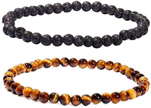 Jewboo 2 Stück Echte Halbedelstein Freundschafts-Armbänder für Frauen Kristalle und Edelsteine Stretch-Heilungsarmbänder Perlen 4mm (Lavastein & Tigerauge)