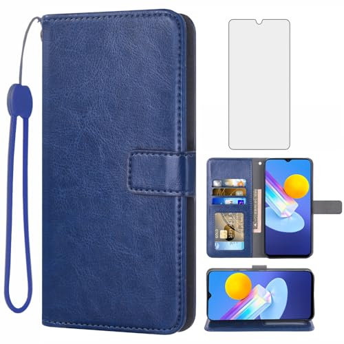 Asuwish Handyhülle für Vivo Y53s/Y72 5G/iQOO Z3 Hülle mit Folie Schutzfolie und Kartenfach Klappbar Leder Geldbörse Ständer Handyhüllen Panzerfolie Y 53s 72 Handy Hüllen Schutzhülle Phone Case Blau