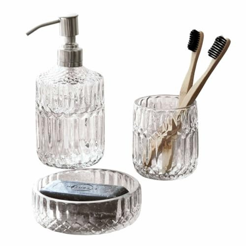 Loberon Denney Set de Salle de Bains - Verre soufflé à la Bouche - Gravés à la Main, Transparent/argenté