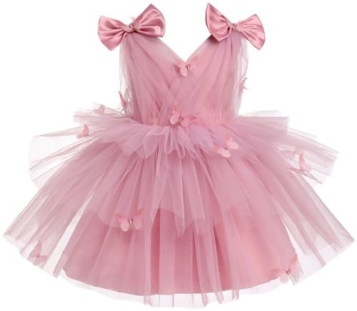 IMEKIS Robe d'Anniversaire Bébé Fille - Motif Papillon - Sans Manches - Col en V - Tulle - Tutu - Princesse - Arc-en-Ciel - Volants - Mariage - Fête, Vieux Rose, 18-24 Mois
