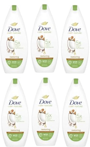 6x Dove Care By Nature RESTORING Shower Gel 225ml, with Coconut Oil & Almond Extract (Pack of 6)