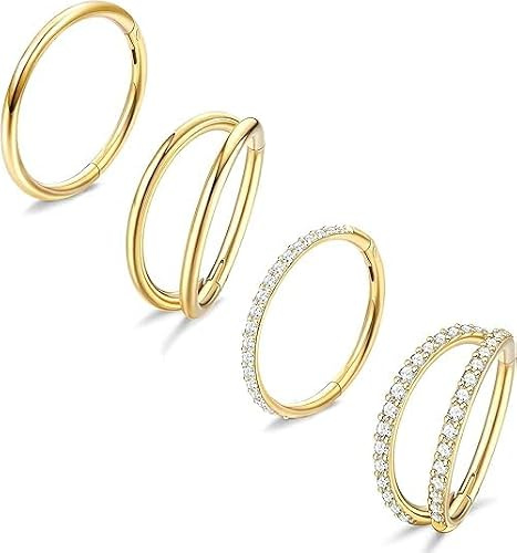 Dochais 4PCS 18G Nasenpiercing Ring, Ohrringe Chirurgenstahl Tragus Septum Piercing CZ Clicker Ring, Segmentring Conch Lippe Knorpel Doppelt Nasenring Hoop 8mm 10mm für Damen Herren (Gold–16G,10mm)