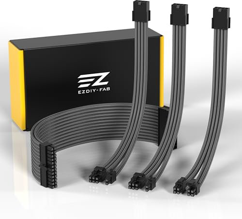 EZDIY-FAB Cavo di Estensione PSU con Manicotto Cavo di Alimentazione PC mod Personalizzato,Nylon Morbido Intrecciato con Kit Pettine 24PIN/8PIN a 6+2PIN/ 8PIN a 4+4PIN-300MM-Carbonio