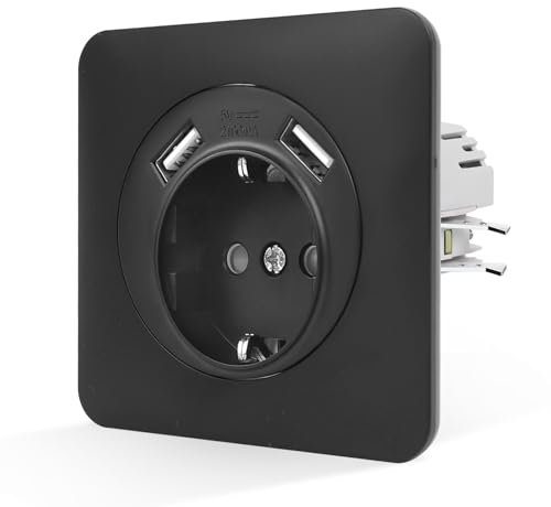 CNBINGO Enchufe individual USB empotrado con garras – simplemente enchufe Schuko con USB-A (máximo 2,1 A total) – Enchufe de pared de 16 A con materiales ignífugos de policarbonato, color negro