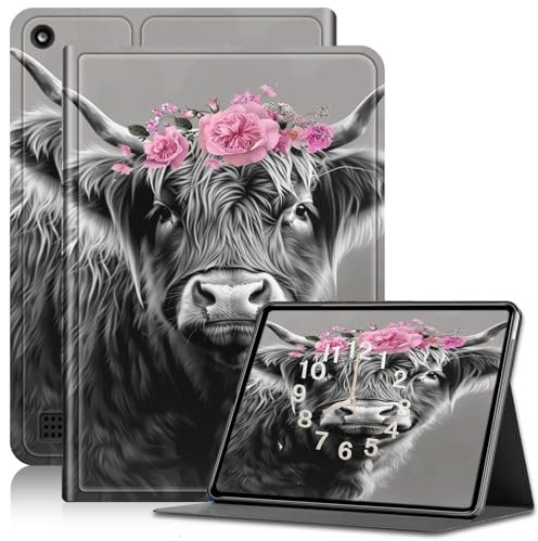 Case for Amazon Kindle Fire 7 Case 2019/2017 Release 9th/7th Generation, PU Leather Adjustable Stand Shockproof Smart Cover with Auto Wake/Sleep Kindle Fire 7 Case, Highland Cow Flower
