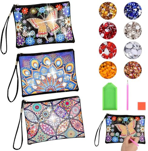 Pintura De Diamantes Niños, Regalo De Niñas 6 7 8 9 10 Años, Kit De Manualidades Niños De 6 Años Y Más, 3 Piezas Diamante Niños 6-10 Años Pequeña Bolsa De Cosméticos Pintura De Diamantes Niños Adultos
