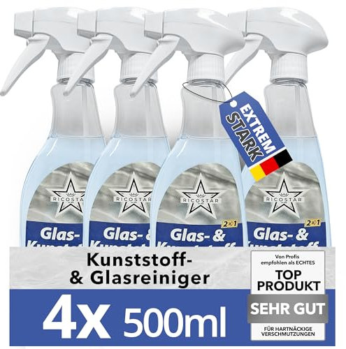 Ricostar 2in1 Glas- & Kunststoffreiniger 4x500 ml – Scheibenreiniger für streifenlosen Glanz & Sauberkeit – Glasreiniger für Fenster, Spiegel, Autoscheiben & Kunststoffflächen – Effektiv gegen Schmutz