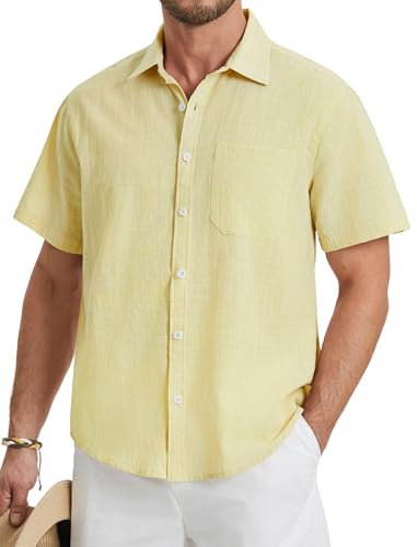 HISDERN Yellow Shirt for Men Short Sleeve Linen Cotton Shirts Casual Smart Button Down Shirt with Pocket for Formal Regular Fit M