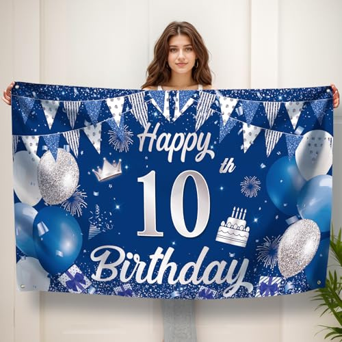 Koliphy 10. Geburtstag Banner, 10 Geburtstagsbanner Deko für Jungen & Mädchen, Handgehalten Stoff 10. Geburtstagsdeko Party Dekoration für Drinnen und Draußen(Blau Silber)