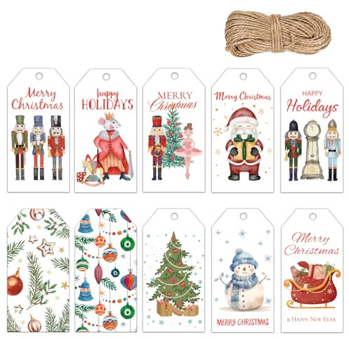 Doumeny 120Pcs Christmas Nutcracker Gift Tags Xmas Paper Tags with String Winter Holiday Tags Label Christmas Tree Pinecone Present Name Tags Ballerina Snowman Santa Claus Decorative Tag for Wrapping