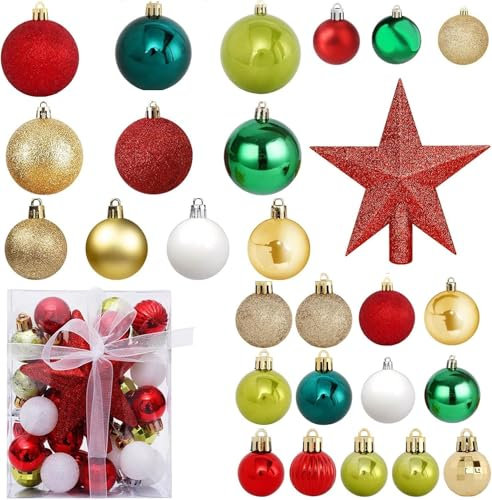36 Stück Weihnachtsbaumkugeln, Weihnachtskugeln Kunststoff Set, Wetterfeste Weihnachtskugeln, für Festival Dekore Weihnachtsbaumschmuck, Traditionelles Thema Rot Grün