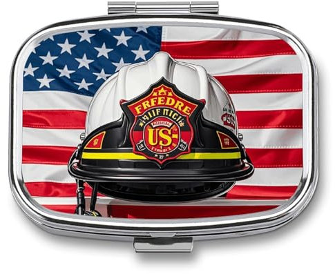 Tragbare Pillendose mit Spiegel, rot gestreift, Feuerwehrmann, USA-Flagge, bedruckt, rechteckig, Medikamentendose mit 2 Fächern, Vitamin-Pillen-Organizer für Fischöle, Nahrungsergänzungsmittel