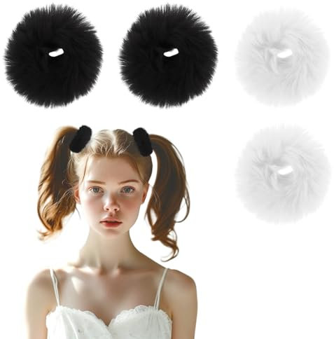 JJUNW 4 Stück Plüsch Scrunchie Haargummi, Weich Pom Pom Stirnbänder Baby Scrunchies Elastisch Haarband Haarschmuck Mädchen Pferdeschwanz Scrunchies für Kinder(Schwarz+Weiß)