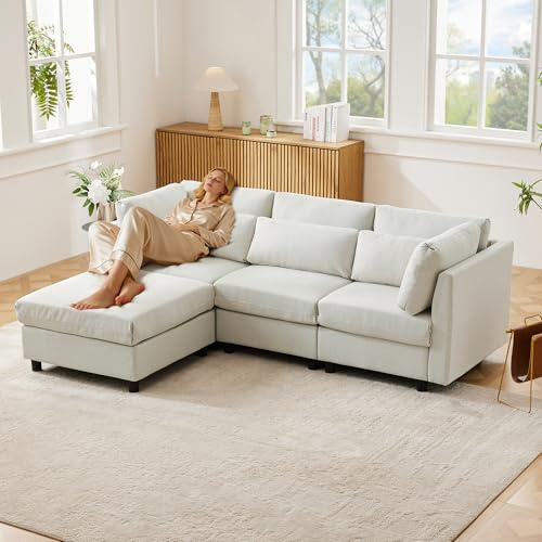 Wyibwy 3-Sitzer L-förmiges Ecksofa mit Fußstütze, Modernes Design, Beige, 220 x 83 x 81 cm