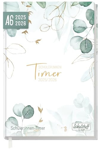 Schulstuff Schüler-Timer A6 2025/2026 Mini Schülerkalender Laufzeit Aug 2025 - Juli 2026, Schülerplaner (11 x 15 cm), Hausaufgabenheft Mint Blattgold - nachhaltig & klimafreundlich