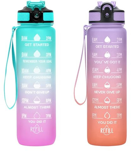 2 Stück Trinkflasche 1L, BPA-Frei Tritan Wasserflasche mit Strohhalm, Sport water bottle mit Zeitmarkierung für Fitness, Schule, Yoga, Outdoor (2 Stück Hellgrün-Hellrosa, Lila Hellorange)