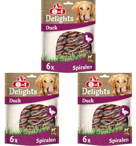 8in1 Delights Duck Kau-Spiralen - gesunder Kausnack für Hunde, hochwertiges Entenfleisch eingewickelt in Rinderhaut, 6 Stück (Packung mit 3)