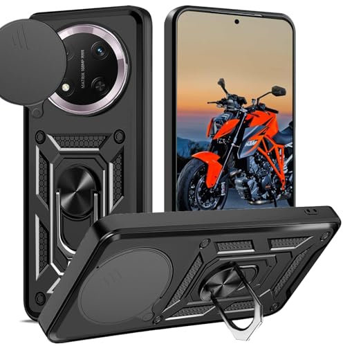 Cover per Honor Magic 7 Lite, Slide Protezione Fotocamera, Armatura Cover con 360 Gradi Girevole Anello Metallo Magnetica Supporto Silicone Antiurto Custodia per Magic 7 Lite,Nero